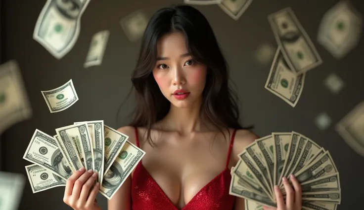 Sharp high definition 8k photo Japanese girl with big white breasts in sexy red dress ,  she is holding a lot of US dollars and a lot of money dropped. She has a very nice gesture. 