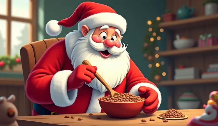 The hand of Santa taking cereal by spoon morning kelloggs chocos