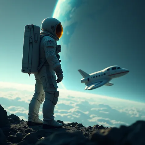 An astronaut standing and looking at a spaceship in earth, 8k, 4k, UHD, High resolution