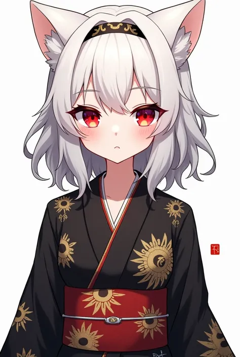 Drawing with anime strokes, Completely white, bee, 1,76 inches tall, Slit Eyes Like Cats ,  Red as blood , wavy white hair ,  pretty and delicate face ,  wears a black kimono with gold arms

