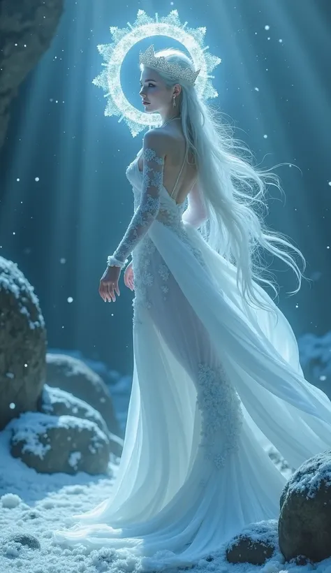 The mermaid who has the power of snow,  he wears a crescent crown, side view.  His body wears a thin robe , his tail is a beautiful long white 