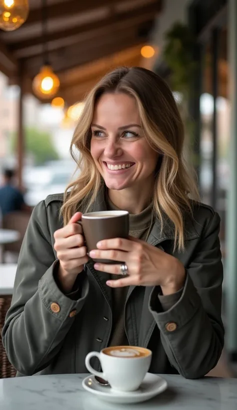 A 36-year-old woman enjoying a cup of coffee at an outdoor café, dressed in a modest jacket.