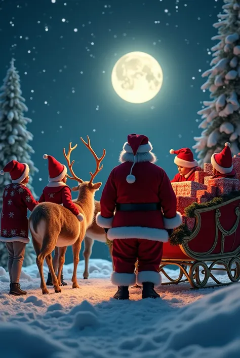 A photorealistic image of Santa Claus, seen from behind, loading his sleigh with gifts, accompanied by several ren dressed in red hoods and Christmas outfits. The ren are assisting Santa by loading the sleigh, and the scene is set in a starry night, illumi...