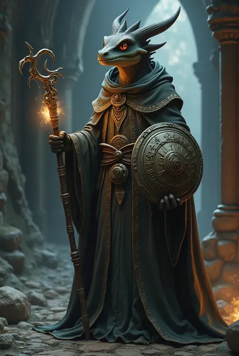 Wizard Dragonborn with small shield and little magic staff and robe