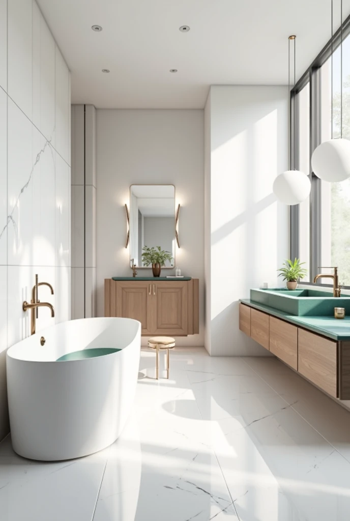 Professional 3d architecture  perspective rendering design of modern and minimal and high tech design for elegant and luxurious bathroom with white so narrow shiny Italian ceramic  for wall and Modern and elegant  boat shape with glassy  very dark green gl...