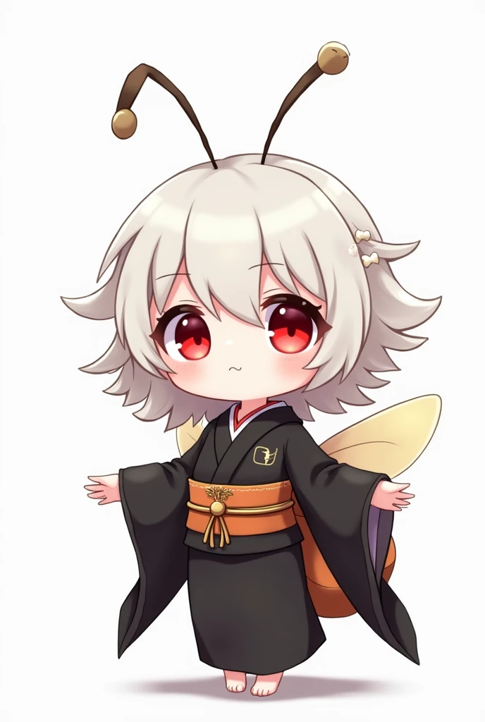 Drawing with anime strokes, Completely white, bee, 1,76 inches tall, Eyes with cleft,  Red as blood , wavy white hair ,  pretty and delicate face ,  wears a black kimono with gold arms

