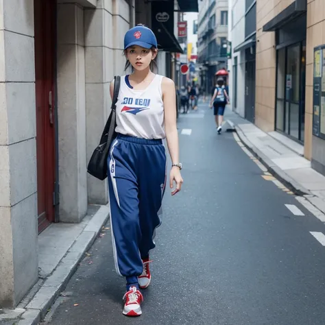 Please give me an image of a photo like this 。
Wearing sporty clothes、 walking quickly through the city。 hairstyle is a shortcut。On the back、A tall, beautiful woman in her 50s carrying a dark blue backpack 。The color of the clothes is red on top 。 gray pan...