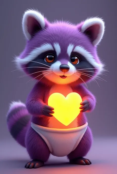 Purple Bright Heart Raccoon, With White Belly, With A Yellow Heart Lightbulb, in diapers