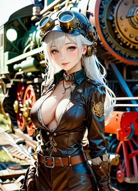 ((  masterpiece  ,  top quality,  Max Image,  high definition )), ((Highly detailed CG composite 8K wallpaper)), ((full body shot)), Steampunk style、  young beautiful girl 、 ((large breasts:1.2), (huge breasts:1.2), (Uplifted and well-defined bust:1.2), (l...