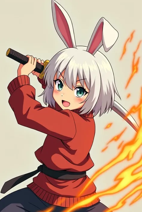 Anime boy with plain white hair wearing a plain red sweater with bunny ears he poses Wielding a fire katana fends off enemy attacks 