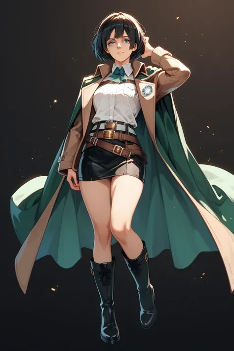  Guilty Gear and Attack on Titan ，Black Hair， center part ， blue eyes， white cravat ， white shirt， short brown jacket from the Survey Corps，Green Cape， cool belt ，下着の cool belt ，Long Boots，