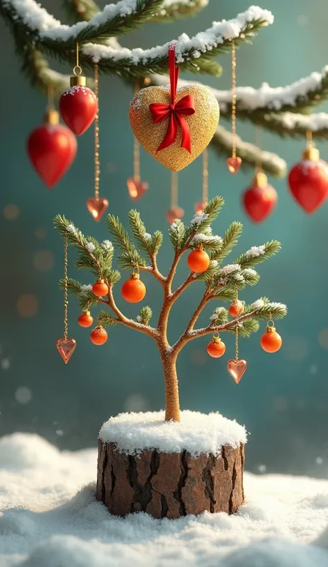  On the trunk stands a small tree with ornaments in the shape of an orange .  Golden chains hang from the branches of the tree ,  on which are placed small , glass hearts .  Above this whole composition there are large , golden heart decorated 
red bow and...