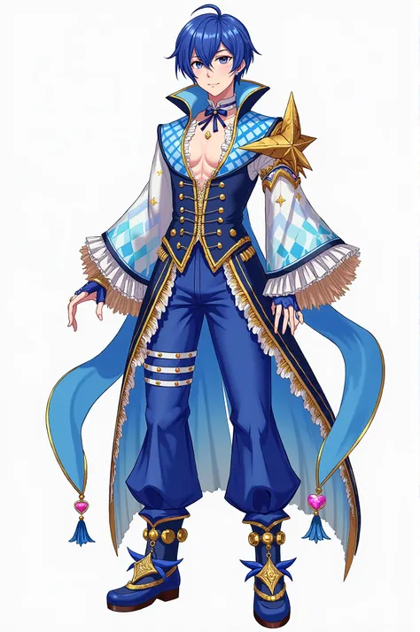 Magical Boy Blue Star Idol Themed, with a low-cut top with a white chest lined by gold studs and royal blue ruffles. The bodice is royal blue with two gold stars at the middle, followed by off-white ruffled fabric to match that on the left shoulder. Layere...