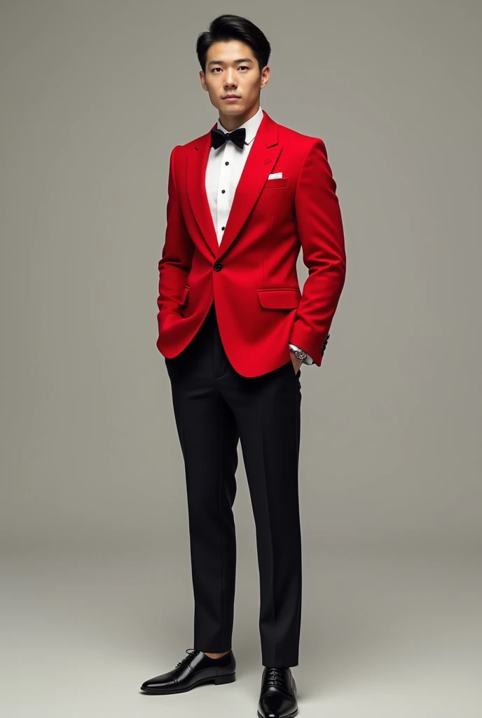 Generate a asian 25 years old man in a well fit red coat, white wing collar long sleeve with black buttons, red blazzer  ,with a black bow tie, black pants and black shoes.