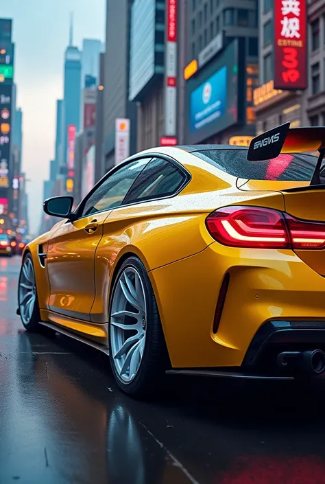  And its a bmw m4 car full picture yellow color and the lights are on and the spoiler and bumper are and the rim is white full picture beautiful city full picture 