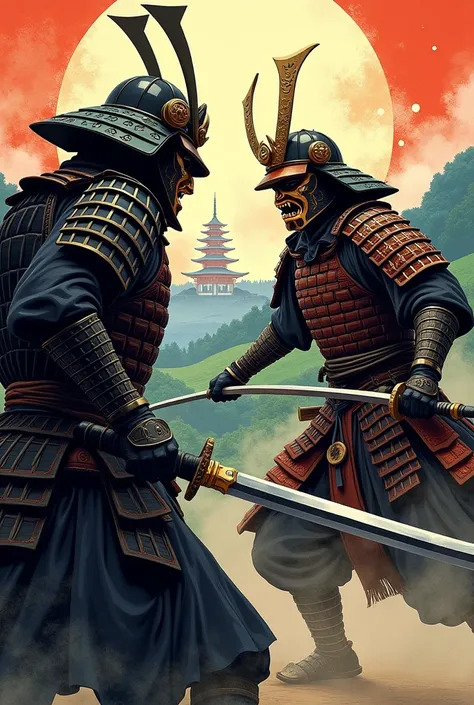 Create an image of a samurai wearing an oriental mask fighting with the enemy.