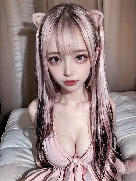 メインPerfect Naked体、 beautiful女性：whole body，whole、、、Perfect Naked、 all nude、，， High Definition Face and Skin Textures ， double eyelids ，Whitening the skin， Wear only pink hair ， hair nude， Colored Pinnku Women Are Taking Pictures With Blue Eyes,  blonde hair...