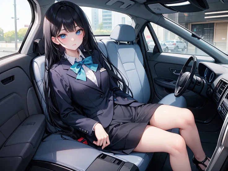 High school students ， already, Black Hair ， With warm blue eyes ， Wore a brand new blue suit and black heels ， Pure white collar and bright green bow 。 has long Black Hair and warm blue eyes ， Lean back in the car seat ， Pose Alluring , spread legs , lowe...