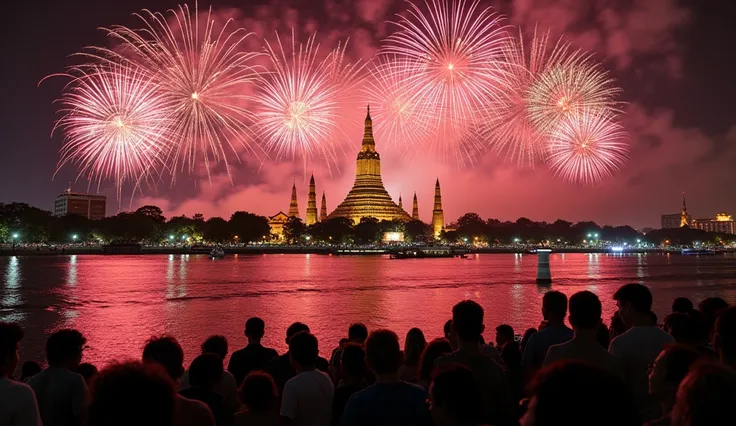 Countdown and Fireworks:

A countdown at a cultural landmark like Wat Arun (Temple of Dawn), with fireworks reflecting over the Chao Phraya River.
The moment of transition into the new year is marked by temple bells and joyful cheers.