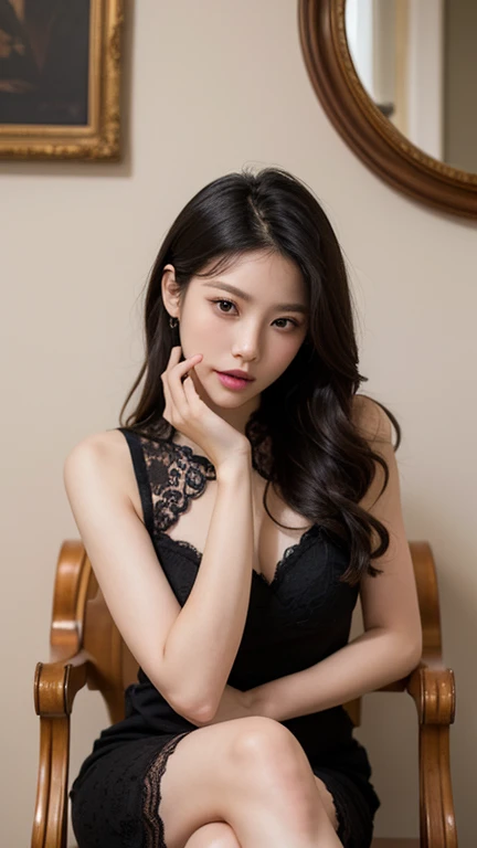 Masterpiece, high detailed, detailed beautiful eyes, detailed beautiful lip and face, high resolution, a portrait of Asian woman seated in a stylish indoor setting, wearing a black lace dress. She is posing confidently, with her legs crossed and one hand r...