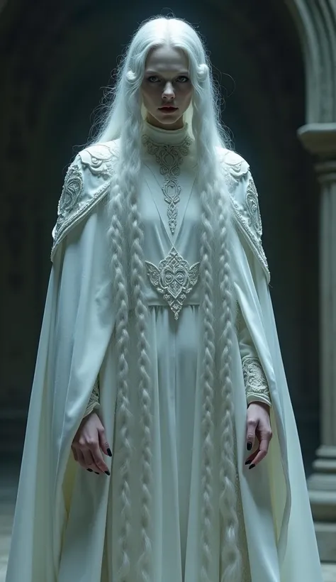  White-haired Vampire wears white robe, long black tambut in braids 