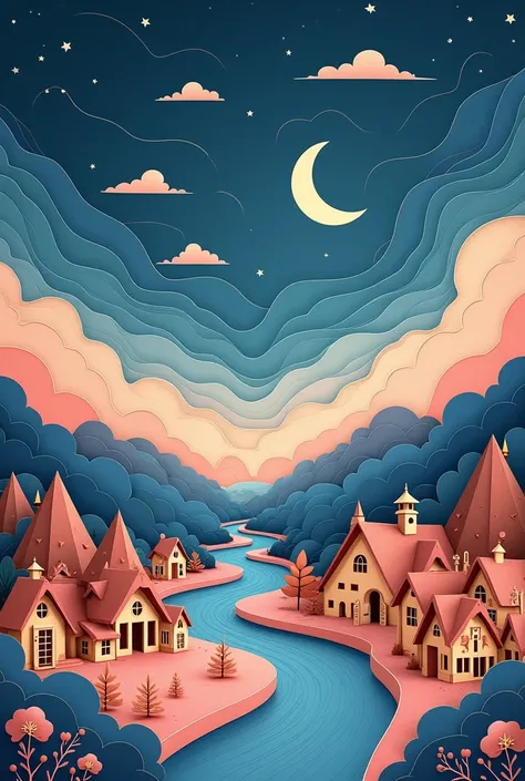 Digital artwork featuring a stylized, layered paper-cut design. The layout is vertical, with a swirling night sky in deep blues and blacks, dominated by a large crescent moon and scattered clouds. Below, a winding river in soft pink hues flows through a vi...