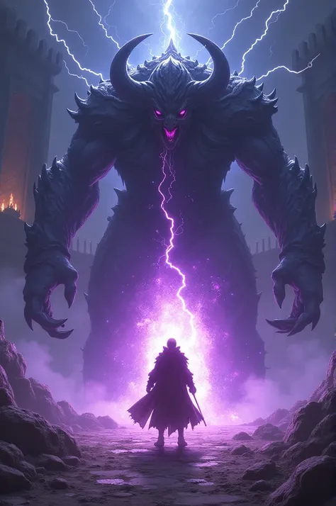 A man using skill noble phantasm gate of Babylonia from anime fate, while fighting behemoth, background is at ruined castle and have purple Lightning around the character