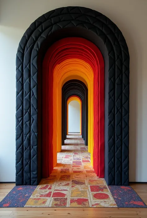 Imagine a portal which is in quilted form on wall for an instillation colours should be black, red, yellow and navy blue 