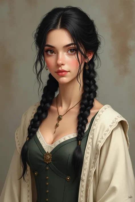 ，B-cup ，Dark black hair， with two braids hanging down the chest， medieval dress ，Off-white cloth coat ，simple，Frontal