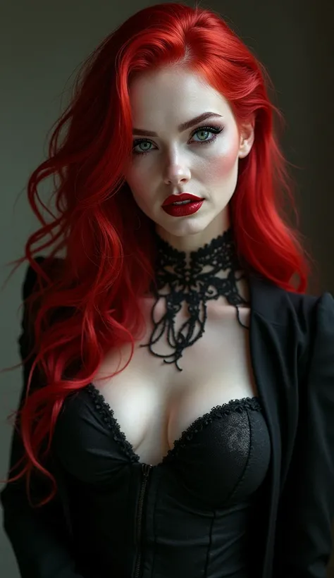  Red-haired vamping princess, wearing black clothes, bloody lips . Make up bold 