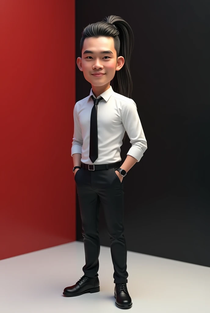 
 Realistic 4D caricature detailing of a handsome Indonesian man, Long hair tied pigtail neat ponytail wears white shirt black tie , black pants, black motorcycle riding shoes Honda Vario color red black ash gradient background white ash.UHD 16K.