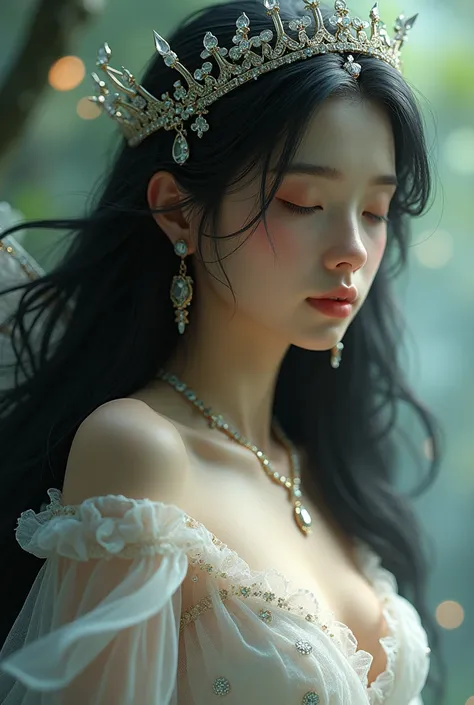 1fairy, High Details, UHD, Wearing a white gown, Long Hair, Black Hair, Closed Eyes, Jewelry, Crown, Sparkle, 3D Rendering, 