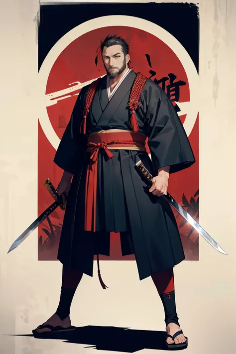  adult male, 40-year-old man, Old-fashioned samurai , Samurai clothing, team leader,  sword, The motif is black ,  Warring States period, Black Hair,  short hair,  with a beard,  penetrates , morning,  standing, Muscular, full body