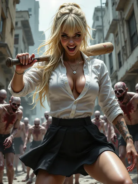 ne0nfant4sy, masterpiece,  a painting of a stunningly beautiful woman wih long blonde hair wearing a tattered school uniform, unbuttoned white shirt, black A-line skirt, blonde hair tied up with bangs, cleavage, fighting fiercely against a horde of zombies...