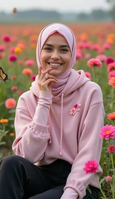 A beautiful maria rivera smiling with smooth white skin, well-groomed face, faint smile, light pink
 knit hoodie decorated with floral motifs, light pink long hijab, black cargo pants, sitting among colorful blooming flowers that grow beautifully, in a wid...