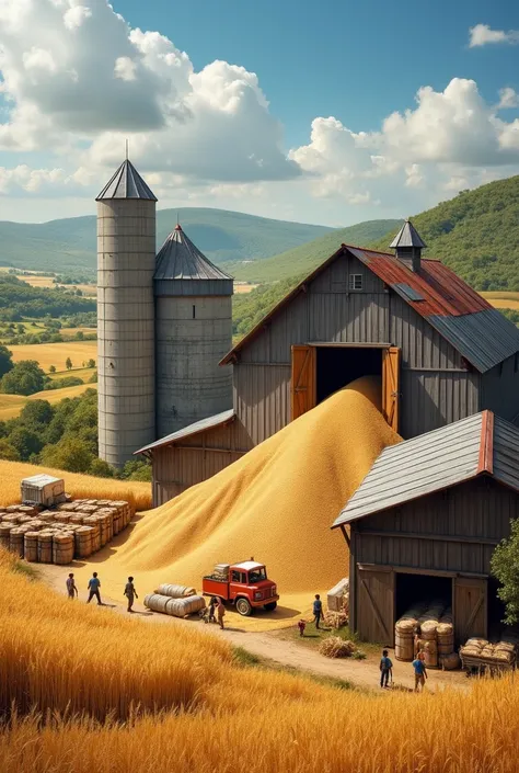 Create an ultra-realistic image of people storing wheat in barns, several silos or barrels full of wheat are observed. Use a Sony Alpha 7 camera with an EF 70-350 f74 5-6.3 G OSS lens