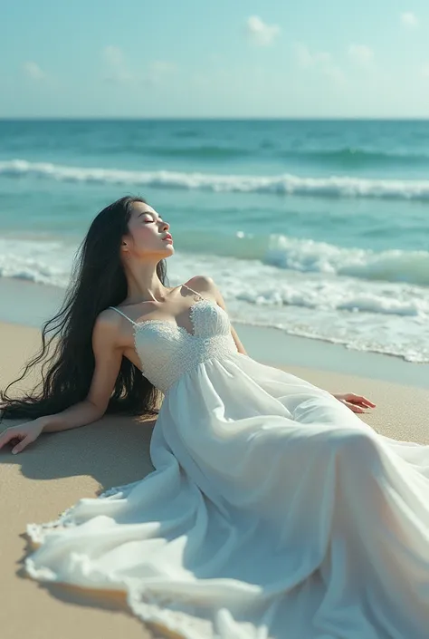 Beautiful woman, white dress, black hair, white skirt, unconscious at the beach