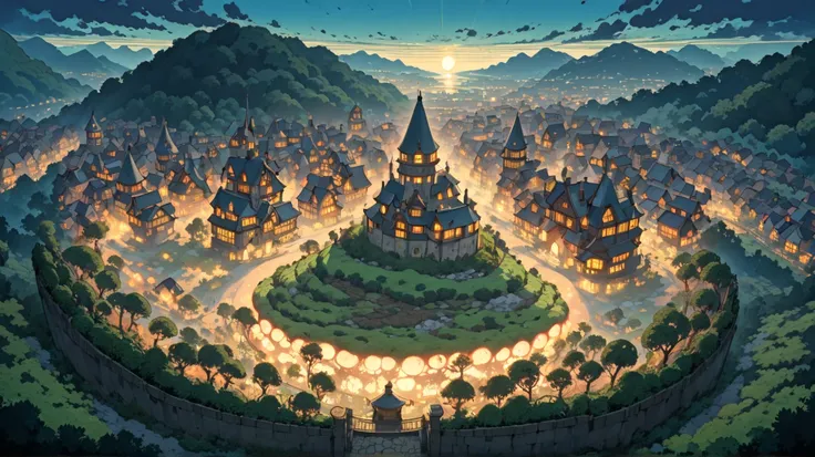 (masterpiece, ultra-detailed, top quality), (cartoon-like illustration reminiscent of Hayao Miyazaki, Japanese 2D animation, shadows:1.3), distant night view from above, (huge peach apple-like moons:1.4), (huge medieval European castle town:1.3).