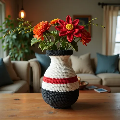 Nice vase flower design crochet with wool sea design on wool vase and separate de sign white, black , red chocolate green color full view pic full room view zoom out on table