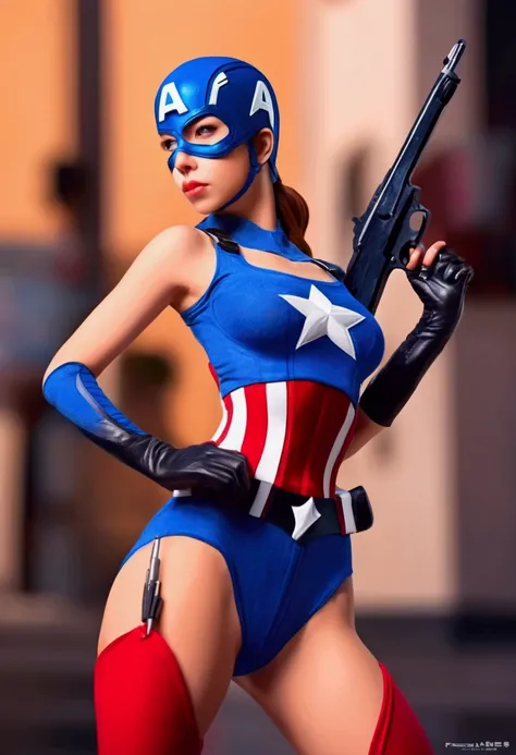 a cute woman, 1girl, captain america, sexy costume, amazing butt, shield, pistol, high action, stopping bank robbery, gun, 1960s, best quality, 4k, 8k, highres, masterpiece:1.2, ultra-detailed, realistic, photorealistic:1.37, HDR, UHD, studio lighting, ult...