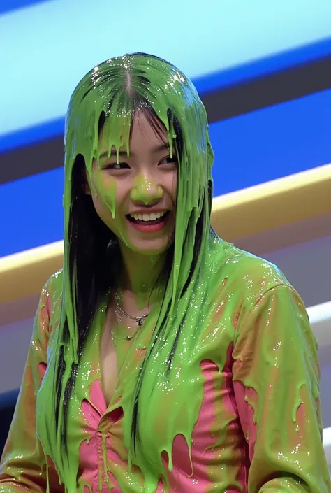 Cinematic photograph of beautiful Korean woman covered in green slime. Photorealistic. F/1.8 aperture. 35mm. Glistening liquid. Green slime. Slime. Dripping green goo. Raw photo. (Korean girl: 1.3). Korean. Korean woman. Beautiful Korean model. Round face....