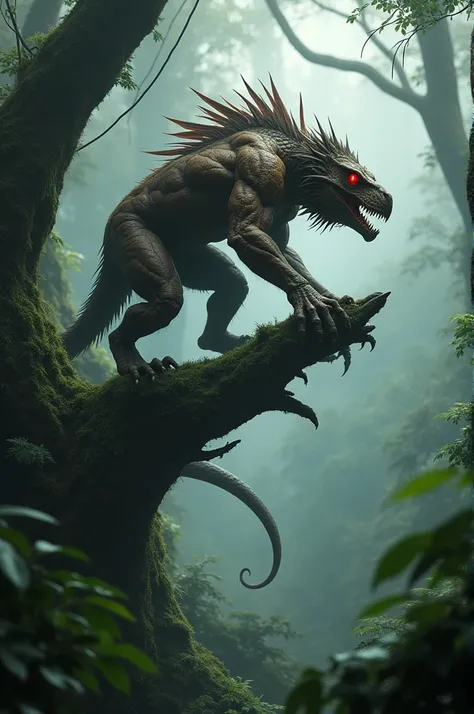 The hybrid raptor-ape, with muscular arms, sharp claws, and a long, whip-like tail, crouches on a massive tree branch. Its glowing red eyes pierce the misty jungle as it prepares to leap toward its prey, exuding primal ferocity.  