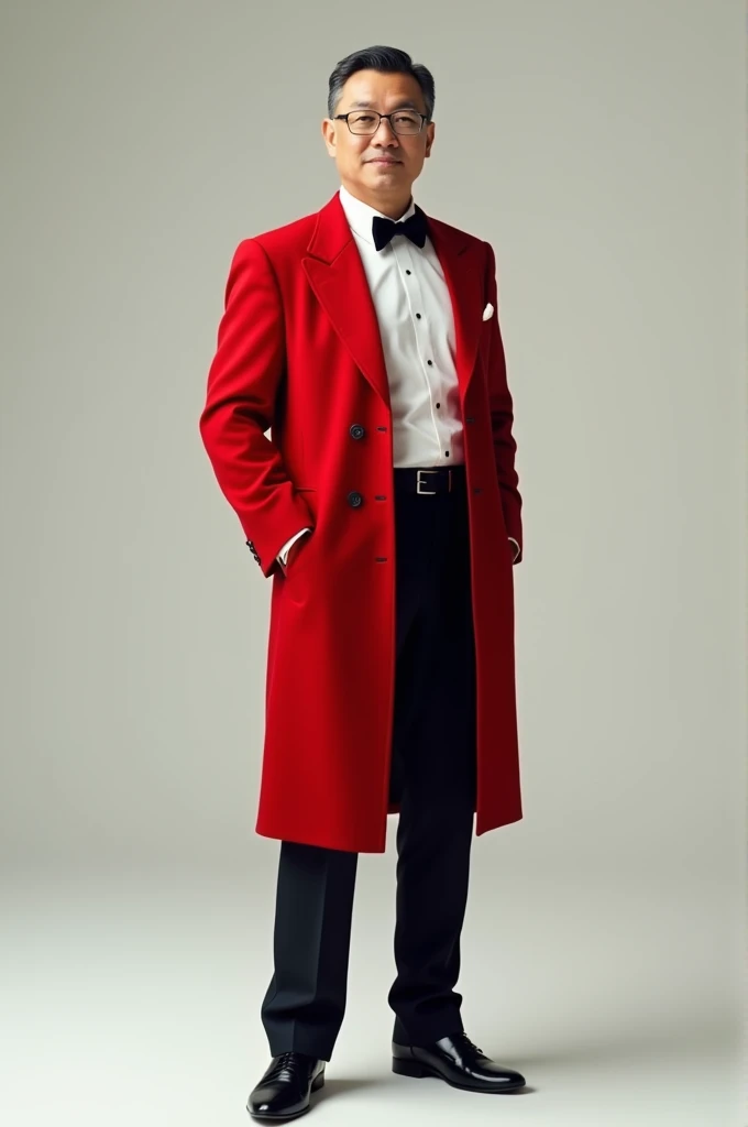 Generate a asian man in a red coat, white wing collar long sleeve with black buttons, with a black bow tie, black pants and black shoes.