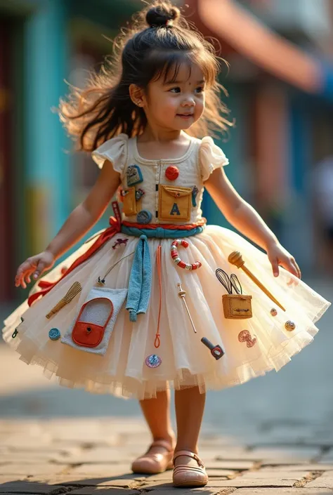 create a tutu dress for a girl dedicated to the year of working professions . , there must be models of tools for the work of a builder, a seamstress chef located on the dress