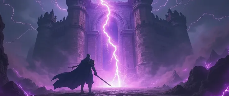 A man using skill noble phantasm gate of Babylonia from anime fate, clashing thunder dragon, background is at ruined castle and have purple Lightning around the character