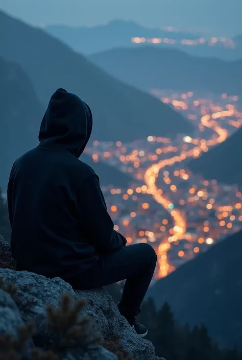 Un homme en pull-over noir avec capuche assis sur une montagne en voyant une ville de loin dans la nuit 