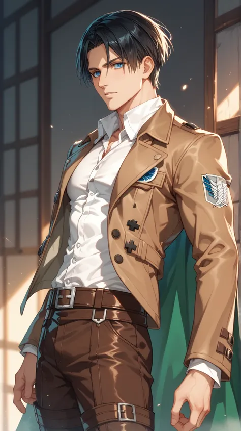  Guilty Gear and Attack on Titan ，male，Black Hair， center part ， blue eyes， cool， white cravat ， white shirt， short brown jacket from the Survey Corps，Green Cape， cool belt ，下着の cool belt ，Long Boots，