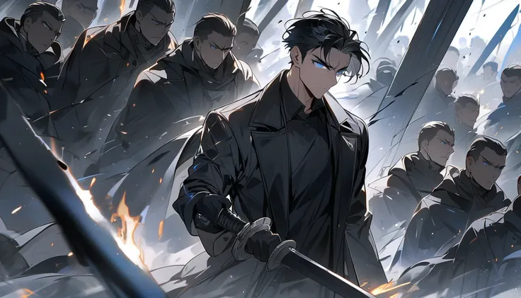 handsome, alone, 1 man, short hair, black hair, blue eyes, black shirt, black coat, Lots of power,Fighting with a sword, being surrounded, fighting