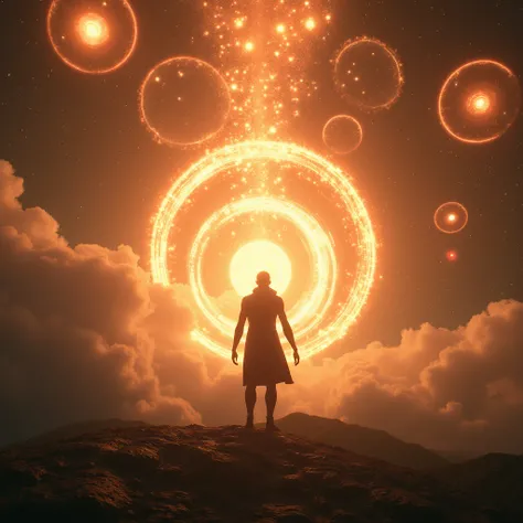 visuals:  Epic effects of supernovae and floating disks, with the protagonist emerging from the lights .