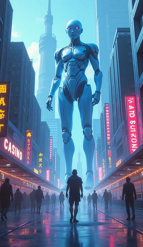 "An origami-style futuristic cityscape with towering casinos and neon lights. A large robotic figure resembling a protector stands in the center, overlooking the city. The streets are clean but devoid of individuality, with robotic sentinels patrolling. Th...